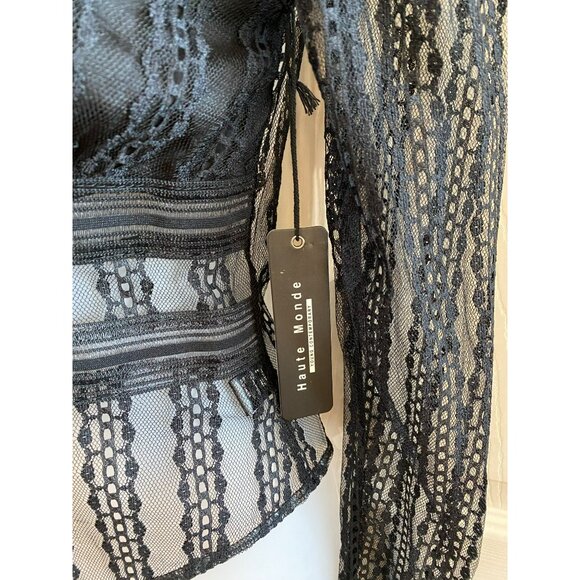 Black Lace Long Sleeve Deep V-Neck Bodysuit By Haute Monde With Sheer Mesh Desig - Picture 4 of 6